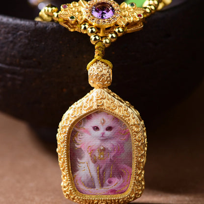 Handmade Braided Thangka Fox Spirit Necklace with Amethyst and Pearl Accents for Wisdom and Charisma
