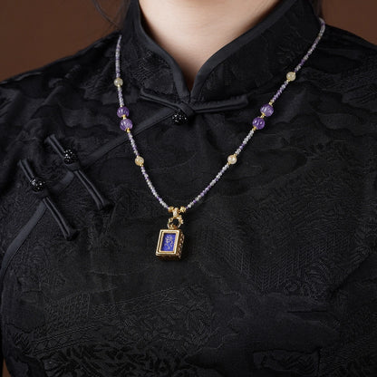 Mulstio Vintage Thangka Pendant Necklace Amethyst Green Strawberry Quartz Empowerment Jewelry