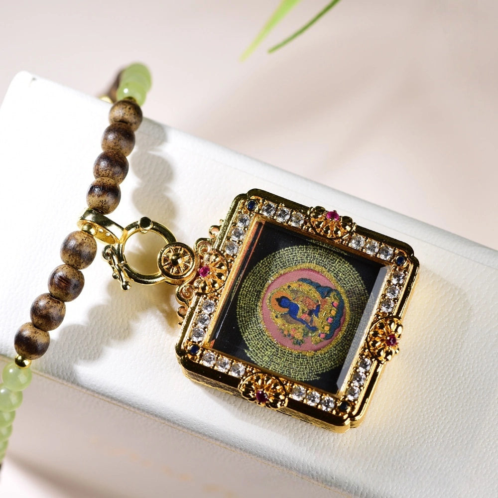 Mulstio Vintage Agarwood Thangka Pendant Necklace Spiritual Protection Jewelry for Women