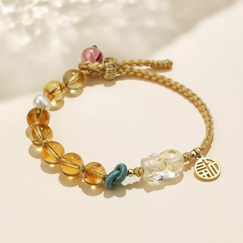 3D Pixiu Carved Citrine Asymmetric Woven Bracelet - Wealth Attraction & Protection, Adjustable