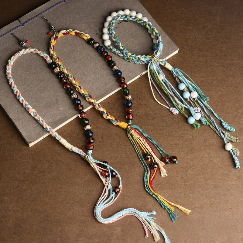 Tibetan Incense Ash Glass Double Tassel Handwoven Bracelet - 2 Color Options, Five Elements Balance, Protection & Purification