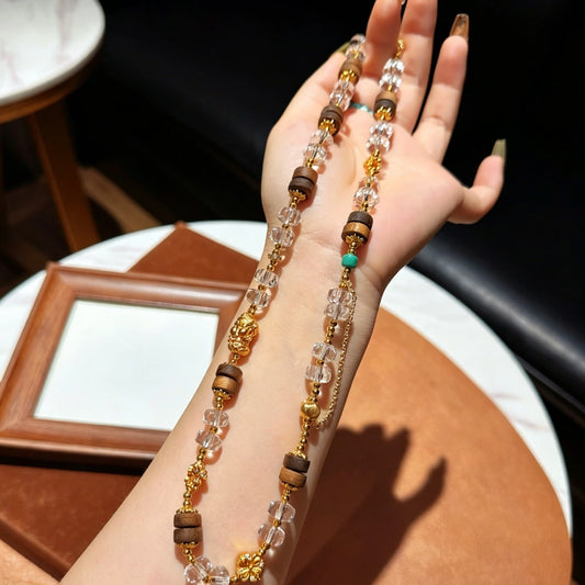 Modern Zen Wood and Clear Quartz Empowering Necklace Chinese Style Cloud Charm Mala Beads