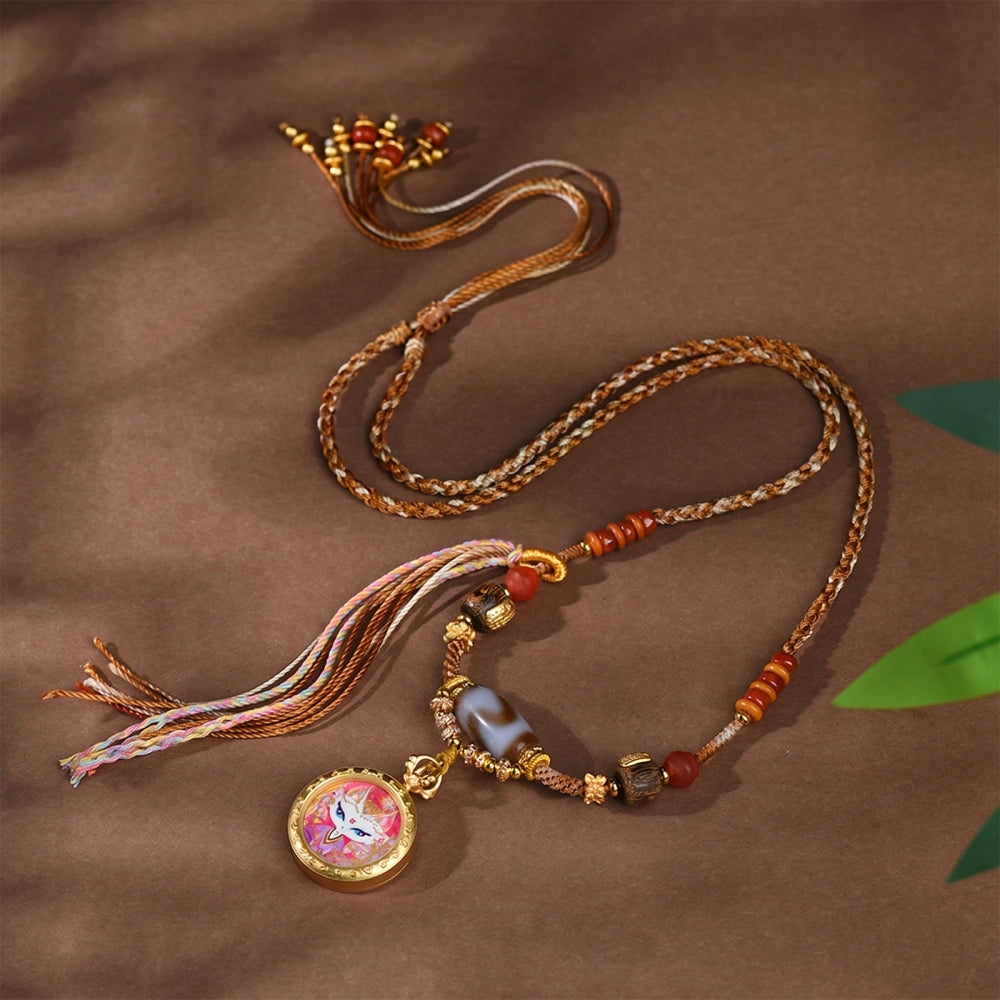 Handmade Tibetan Dzi Bead Fox Pendant Necklace Ethnic Style Healing Amulet for Women Empowerment