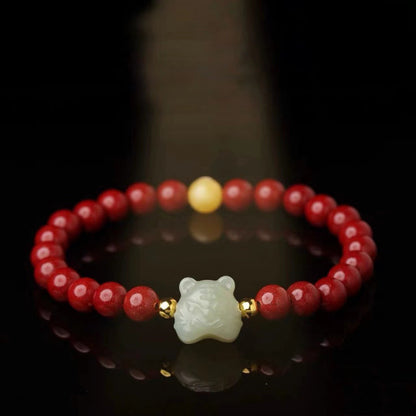 Nephrite Jade Tiger Carving with Cinnabar Red String Lucky Bracelet - BlackRed Options, Adjustable - Earth+Fire Element, Protection & Courage