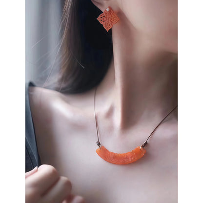 Nanhong Agate Necklace and Earrings Set with Vintage Carving
