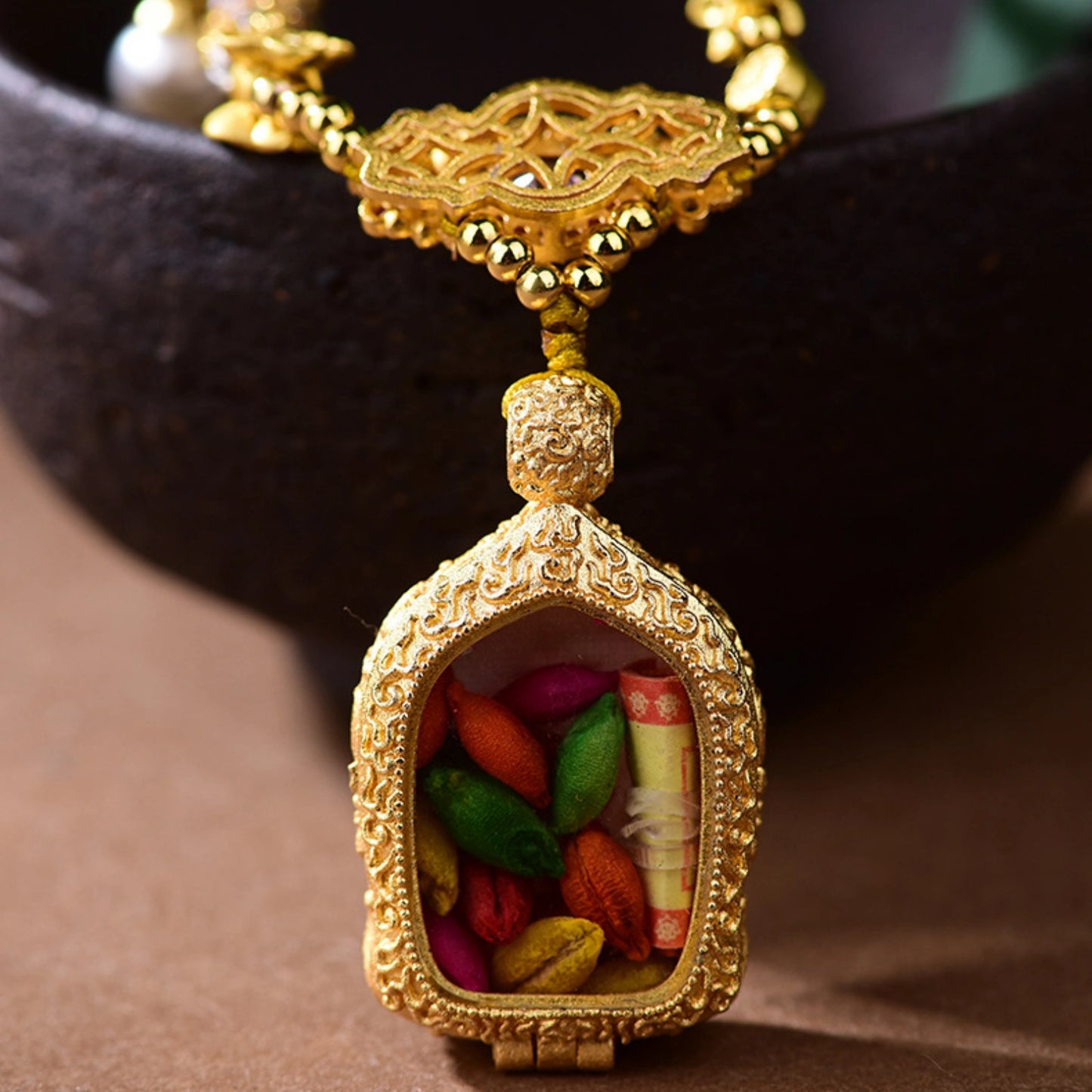 Handmade Braided Thangka Fox Spirit Necklace with Amethyst and Pearl Accents for Wisdom and Charisma