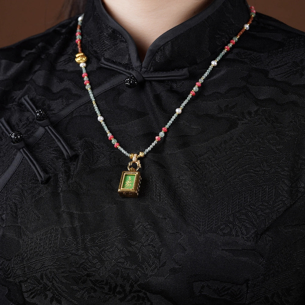 Mulstio Vintage Thangka Pendant Necklace Amethyst Green Strawberry Quartz Empowerment Jewelry