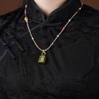 Mulstio Vintage Thangka Pendant Necklace Amethyst Green Strawberry Quartz Empowerment Jewelry