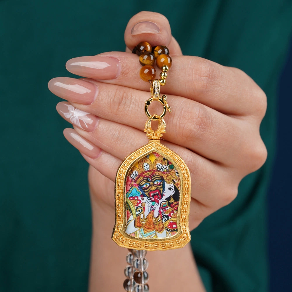 Natural Tiger Eye Crystal Necklace with Tibetan Wealth Goddess Thangka Pendant - Mulstio Empowerment Jewelry