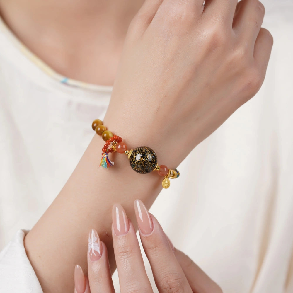 Mulstio Modern Empowerment Bracelet Tiger Eye Stone Chinese Lacquer Art Handwoven Spiritual Jewelry for Women