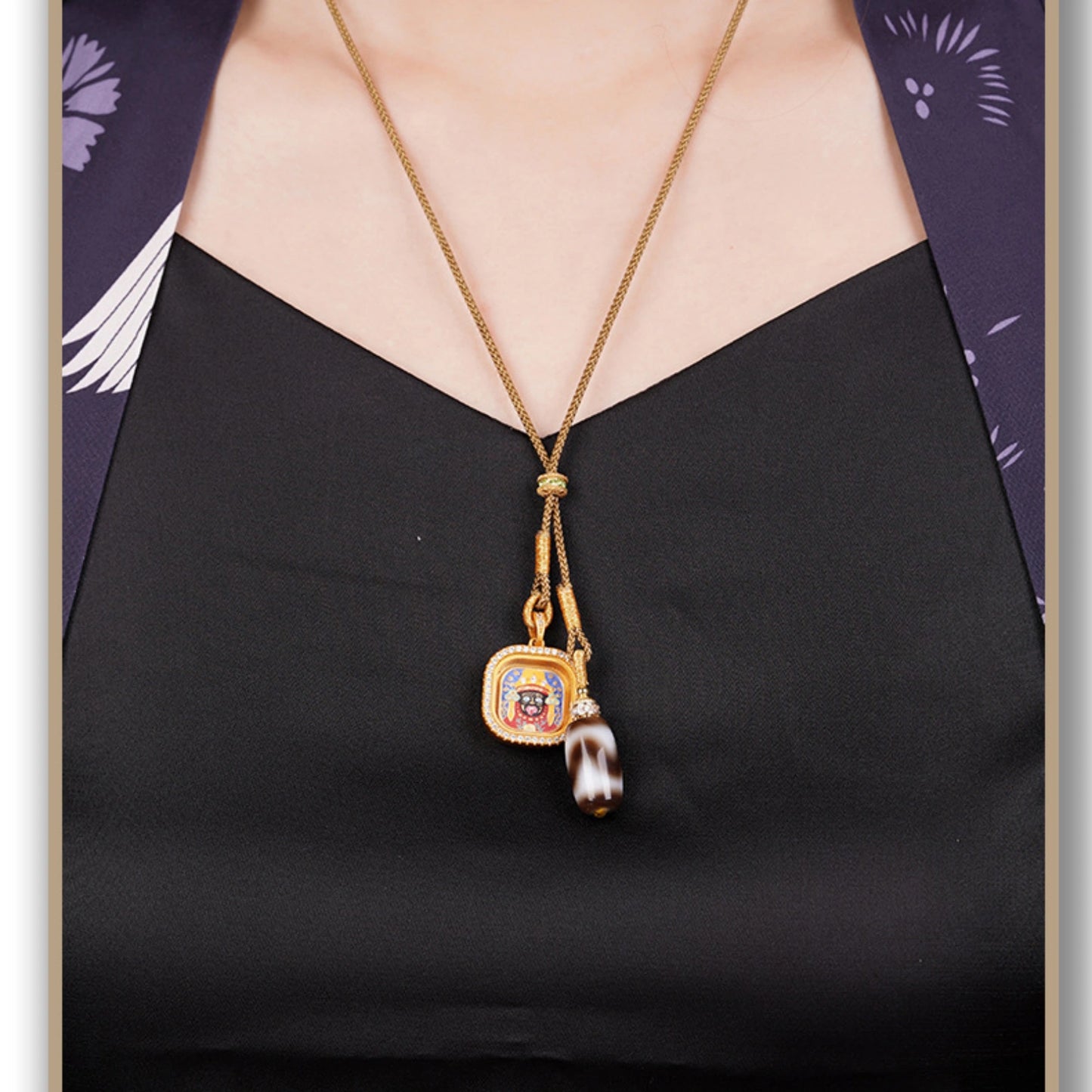 Hand-Painted Zaki Lhamo Thangka & Agate Dzi Bead Necklace - Tibetan Style Spiritual Amulet for Wealth and Protection