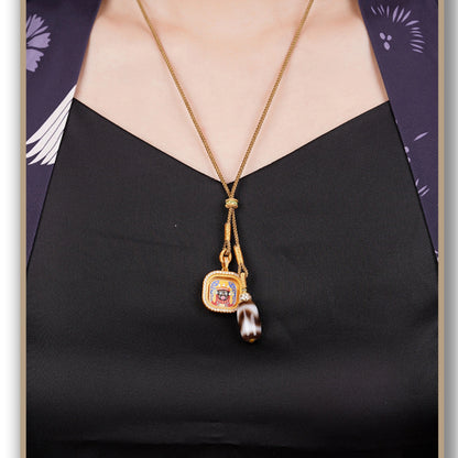 Hand-Painted Zaki Lhamo Thangka & Agate Dzi Bead Necklace - Tibetan Style Spiritual Amulet for Wealth and Protection