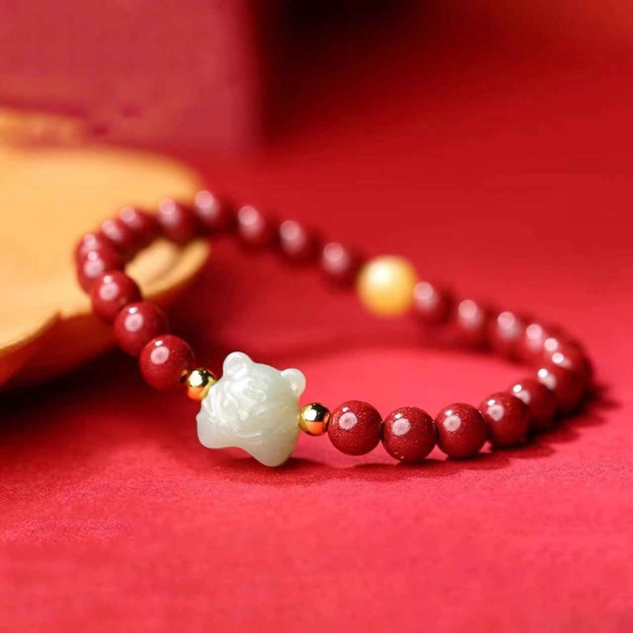 Nephrite Jade Tiger Carving with Cinnabar Red String Lucky Bracelet - BlackRed Options, Adjustable - Earth+Fire Element, Protection & Courage