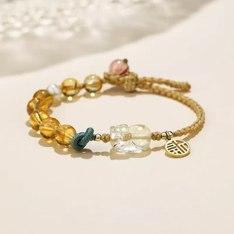 3D Pixiu Carved Citrine Asymmetric Woven Bracelet - Wealth Attraction & Protection, Adjustable