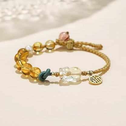 3D Pixiu Carved Citrine Asymmetric Woven Bracelet - Wealth Attraction & Protection, Adjustable