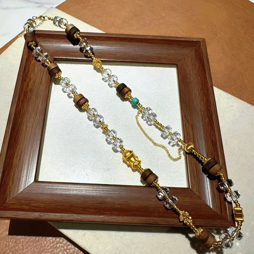 Modern Zen Wood and Clear Quartz Empowering Necklace Chinese Style Cloud Charm Mala Beads