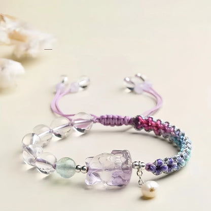 3D Clear Quartz Fox Carved Gradient Handwoven Bracelet - Purple/Blue/Pink Ombre, Adjustable - Water+Wood Element, Clarity & Love Attraction