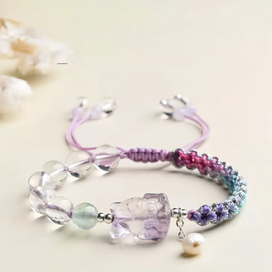 3D Clear Quartz Fox Carved Gradient Handwoven Bracelet - Purple/Blue/Pink Ombre, Adjustable - Water+Wood Element, Clarity & Love Attraction