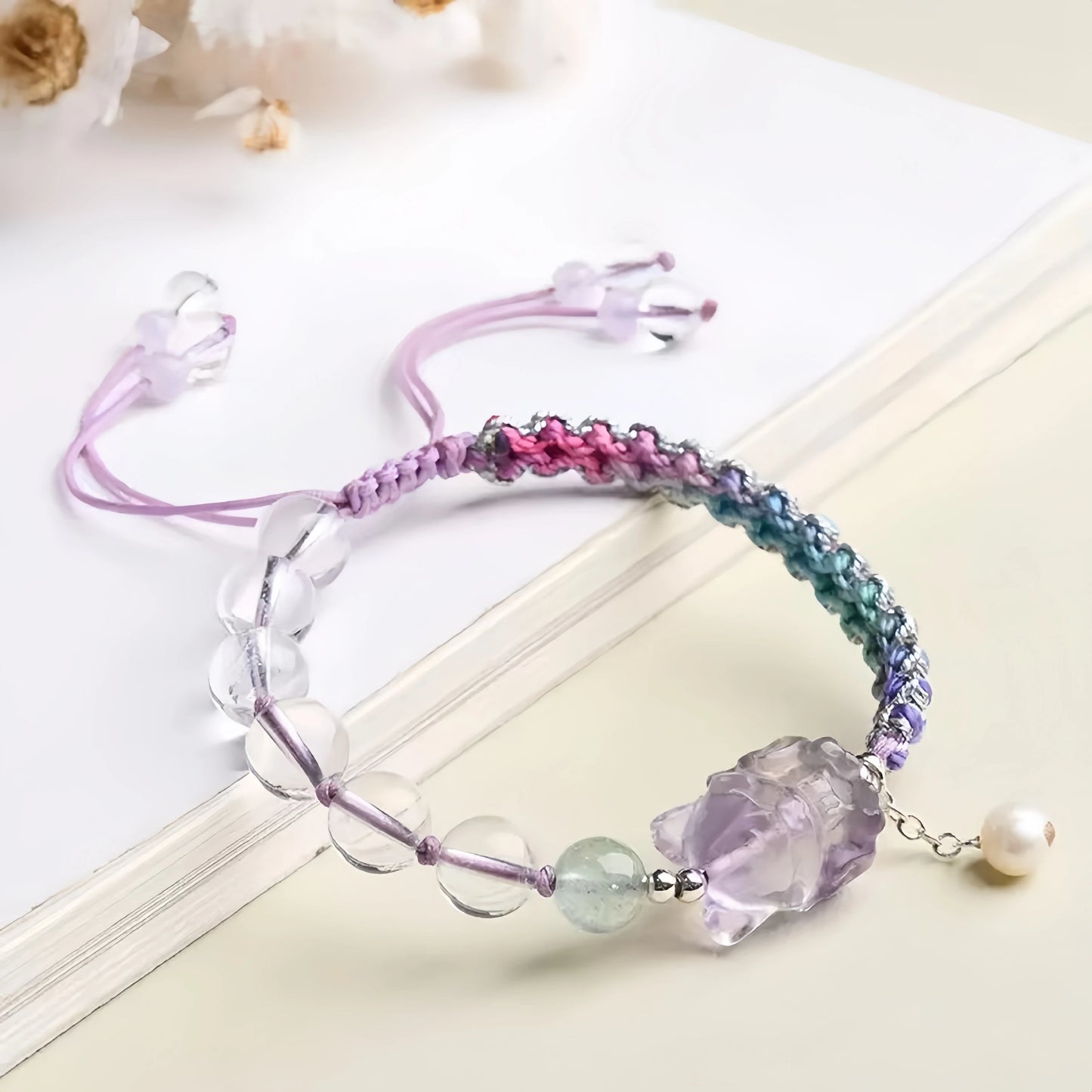 3D Clear Quartz Fox Carved Gradient Handwoven Bracelet - Purple/Blue/Pink Ombre, Adjustable - Water+Wood Element, Clarity & Love Attraction