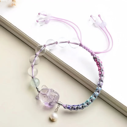 3D Clear Quartz Fox Carved Gradient Handwoven Bracelet - Purple/Blue/Pink Ombre, Adjustable - Water+Wood Element, Clarity & Love Attraction
