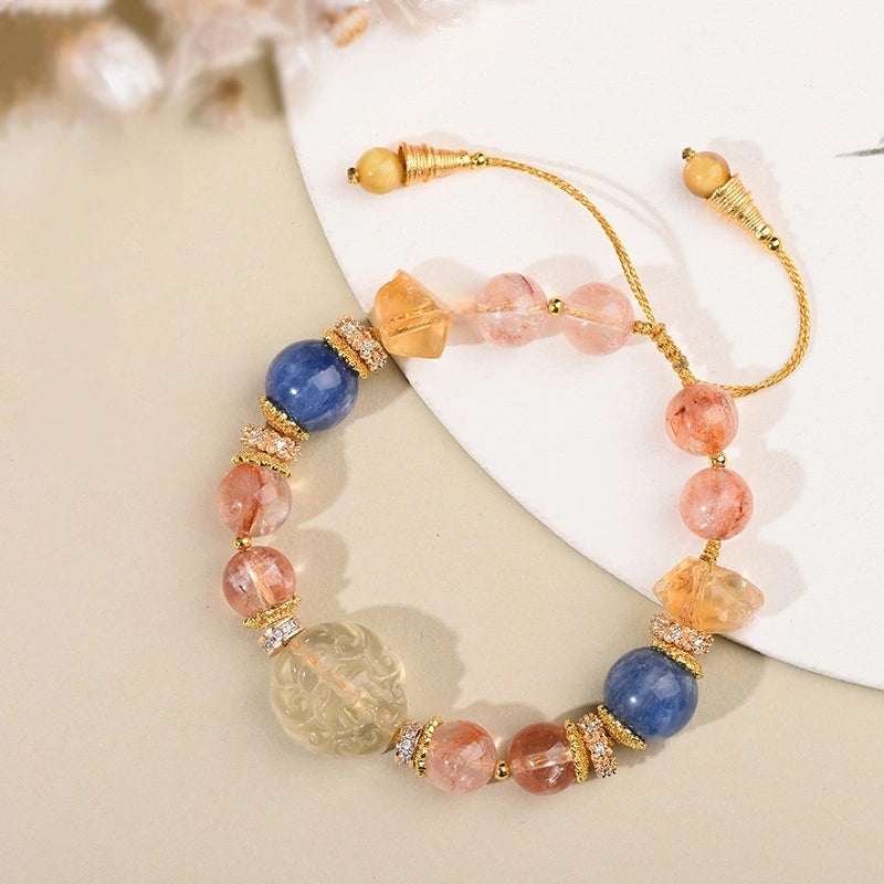 3D Fox Carved Citrine with Rose Quartz & Blue Crystal Gold Thread Beaded Bracelet - Gold, Pink, Blue - Fire+Wood+Water Element, Love & Abundance