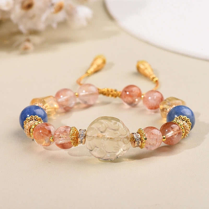 3D Fox Carved Citrine with Rose Quartz & Blue Crystal Gold Thread Beaded Bracelet - Gold, Pink, Blue - Fire+Wood+Water Element, Love & Abundance