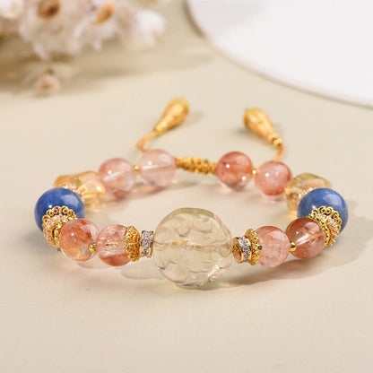 3D Fox Carved Citrine with Rose Quartz & Blue Crystal Gold Thread Beaded Bracelet - Gold, Pink, Blue - Fire+Wood+Water Element, Love & Abundance