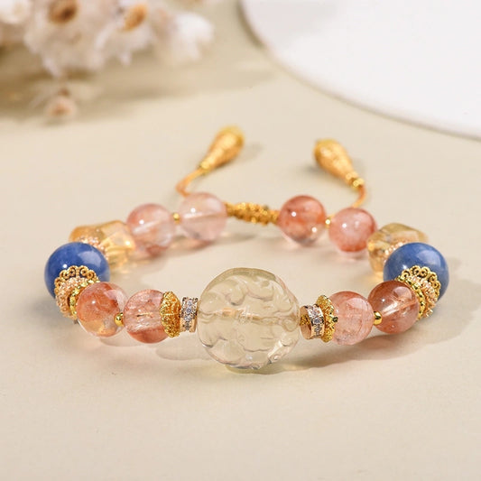 3D Fox Carved Citrine with Rose Quartz & Blue Crystal Gold Thread Beaded Bracelet - Gold, Pink, Blue - Fire+Wood+Water Element, Love & Abundance