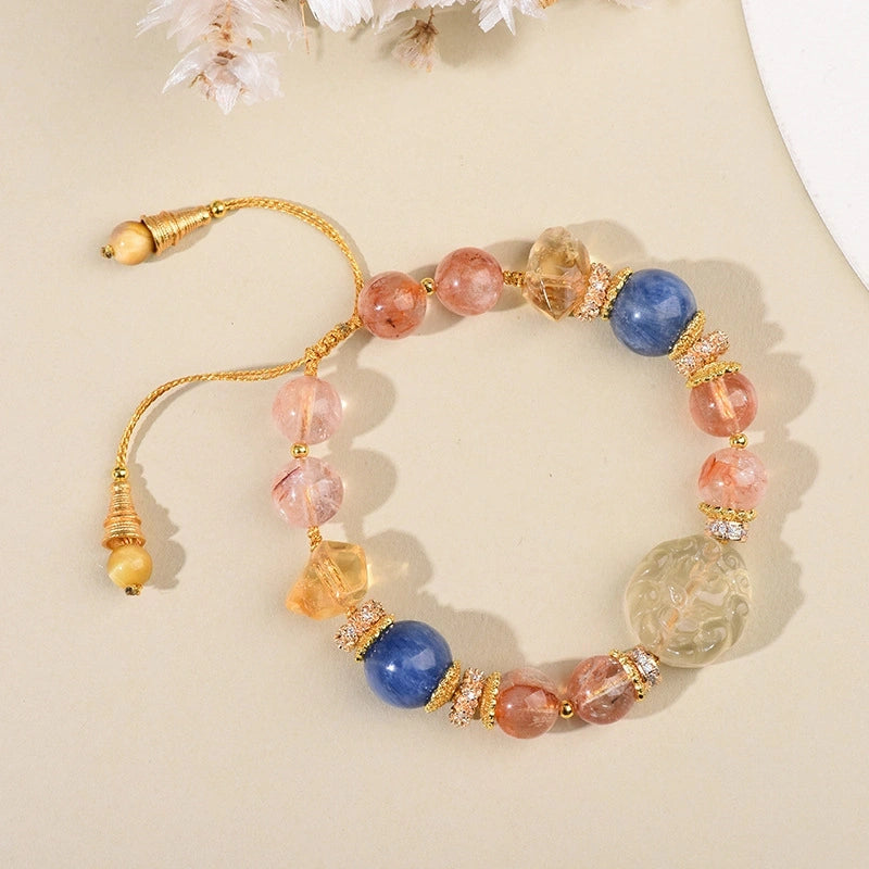 3D Fox Carved Citrine with Rose Quartz & Blue Crystal Gold Thread Beaded Bracelet - Gold, Pink, Blue - Fire+Wood+Water Element, Love & Abundance