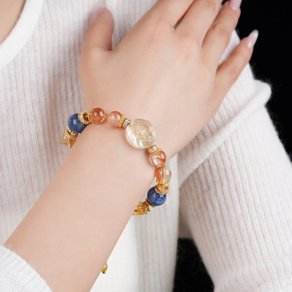 3D Fox Carved Citrine with Rose Quartz & Blue Crystal Gold Thread Beaded Bracelet - Gold, Pink, Blue - Fire+Wood+Water Element, Love & Abundance