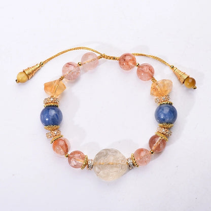 3D Fox Carved Citrine with Rose Quartz & Blue Crystal Gold Thread Beaded Bracelet - Gold, Pink, Blue - Fire+Wood+Water Element, Love & Abundance