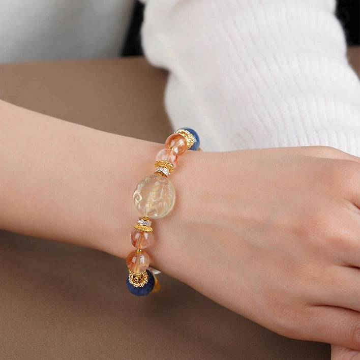 3D Fox Carved Citrine with Rose Quartz & Blue Crystal Gold Thread Beaded Bracelet - Gold, Pink, Blue - Fire+Wood+Water Element, Love & Abundance