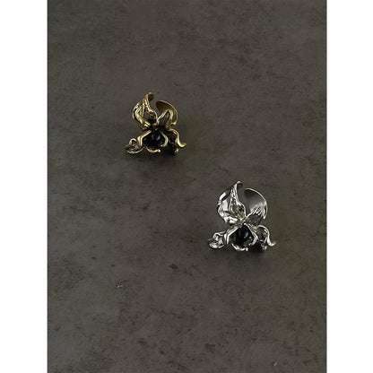 Gothic Style 3D Iris Flower Inlaid Black Onyx Adjustable Ring - Gold/Silver