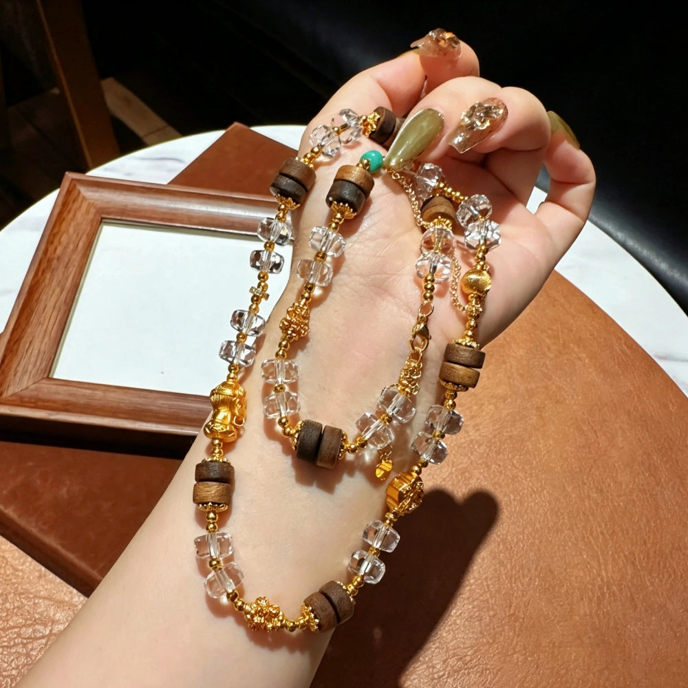 Modern Zen Wood and Clear Quartz Empowering Necklace Chinese Style Cloud Charm Mala Beads