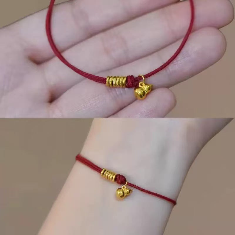 Gold Gourd Pendant String Bracelet / Anklet (Cotton, Copper) - Metal Element, Prosperity & Protection