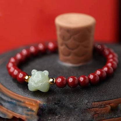 Nephrite Jade Tiger Carving with Cinnabar Red String Lucky Bracelet - BlackRed Options, Adjustable - Earth+Fire Element, Protection & Courage