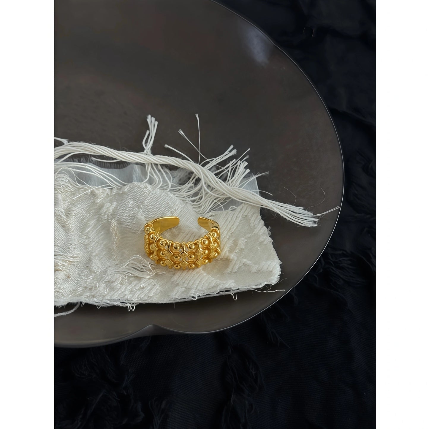 Honeycomb Retro Hollow Bead Adjustable Ring in Gold, Silver & Copper