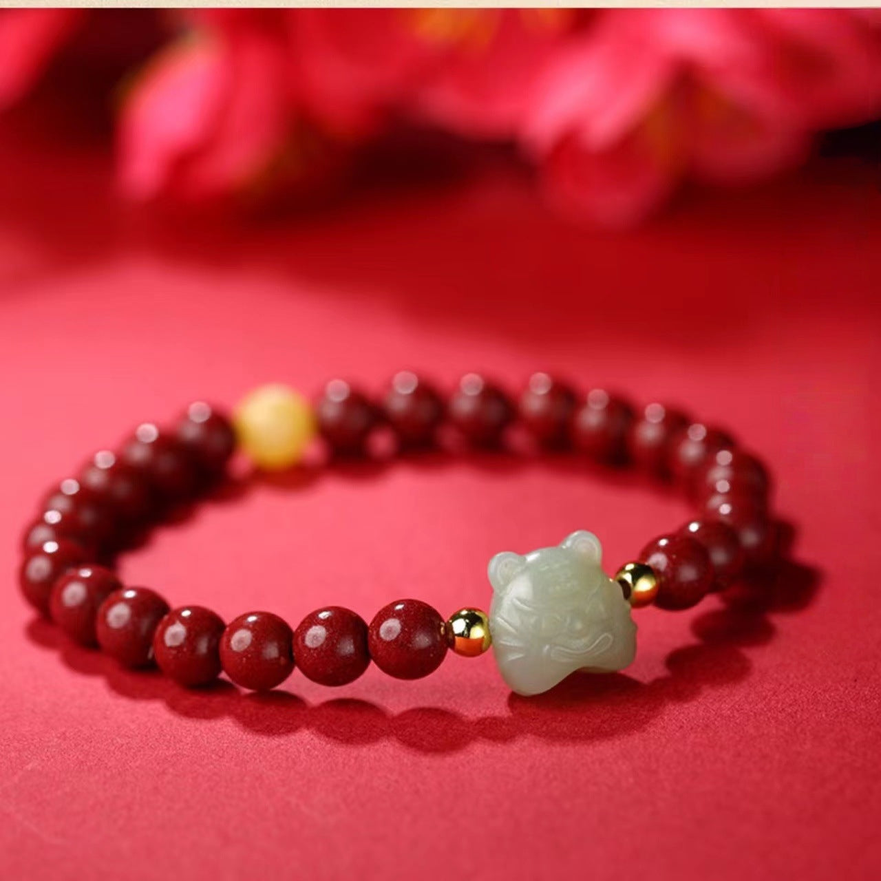 Nephrite Jade Tiger Carving with Cinnabar Red String Lucky Bracelet - BlackRed Options, Adjustable - Earth+Fire Element, Protection & Courage