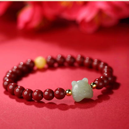 Nephrite Jade Tiger Carving with Cinnabar Red String Lucky Bracelet - BlackRed Options, Adjustable - Earth+Fire Element, Protection & Courage
