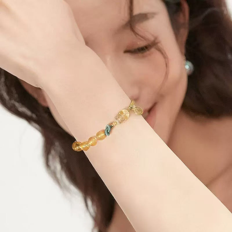 3D Pixiu Carved Citrine Asymmetric Woven Bracelet - Wealth Attraction & Protection, Adjustable