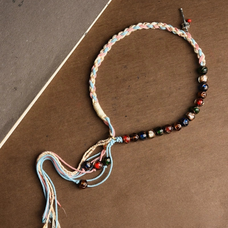 Tibetan Incense Ash Glass Double Tassel Handwoven Bracelet - 2 Color Options, Five Elements Balance, Protection & Purification