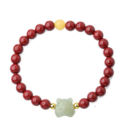 Nephrite Jade Tiger Carving with Cinnabar Red String Lucky Bracelet - BlackRed Options, Adjustable - Earth+Fire Element, Protection & Courage