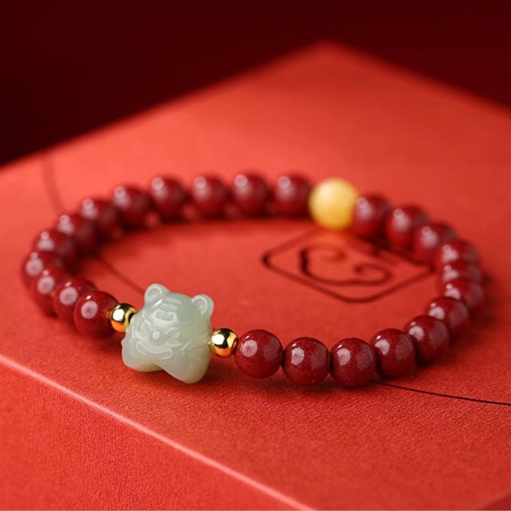Nephrite Jade Tiger Carving with Cinnabar Red String Lucky Bracelet - BlackRed Options, Adjustable - Earth+Fire Element, Protection & Courage