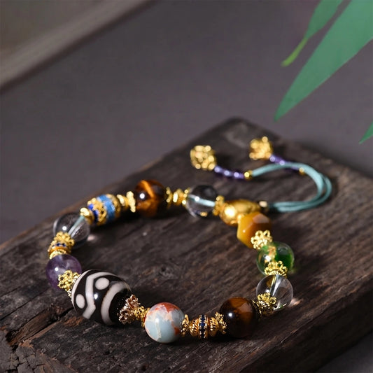 Mulstio Sacred Dzi Bead Multi Gemstone Empowerment Bracelet with Amethyst and Tiger Eye for Inner Balance