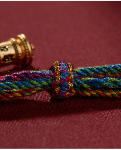 Colorful Cotton Handwoven Adjustable Bracelet with Six-Syllable Mantra, Dreamcatcher & Prayer Wheel – Wood/Metal Element for Calm, Protection & Energy Purification