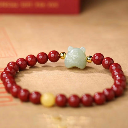 Nephrite Jade Tiger Carving with Cinnabar Red String Lucky Bracelet - BlackRed Options, Adjustable - Earth+Fire Element, Protection & Courage