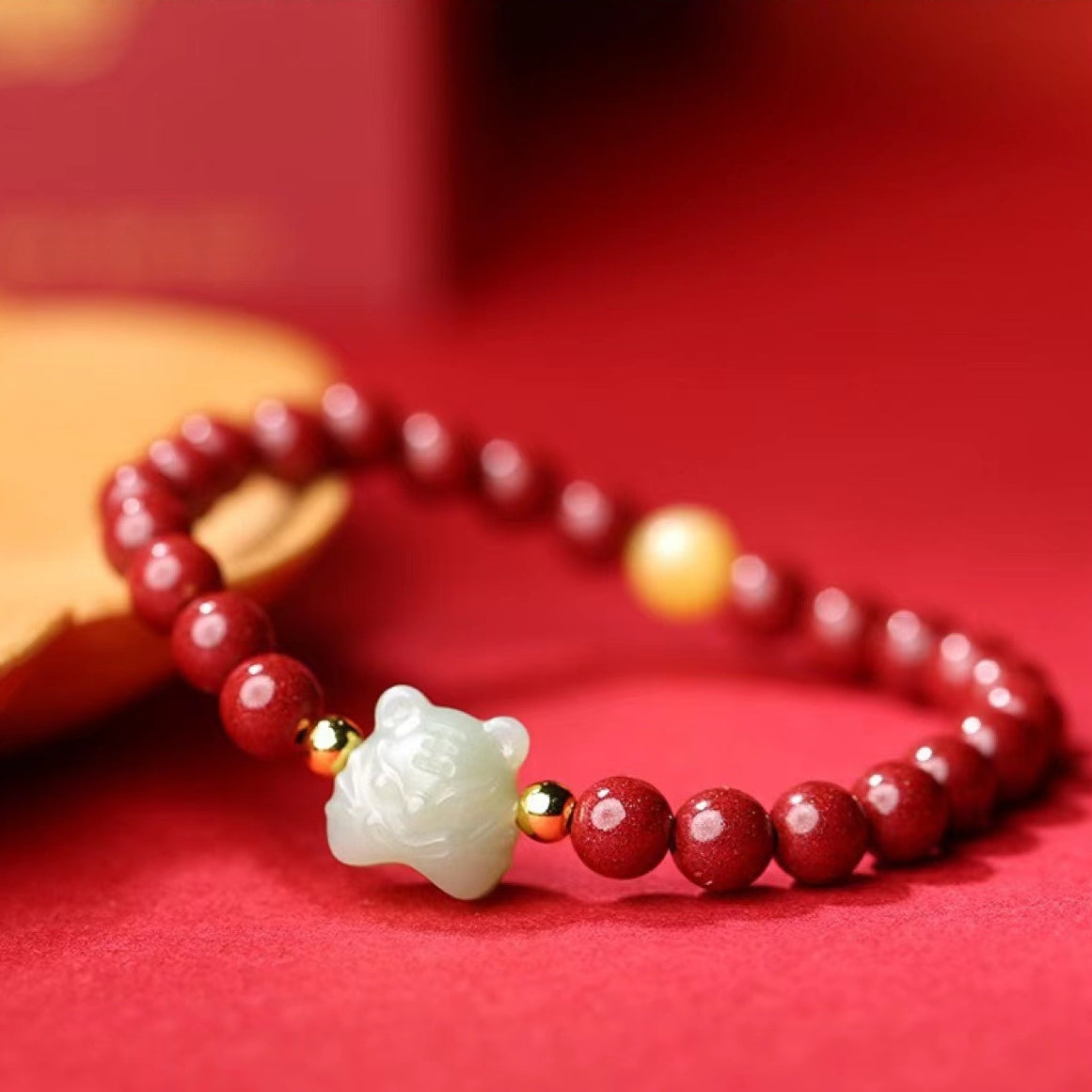 Nephrite Jade Tiger Carving with Cinnabar Red String Lucky Bracelet - BlackRed Options, Adjustable - Earth+Fire Element, Protection & Courage