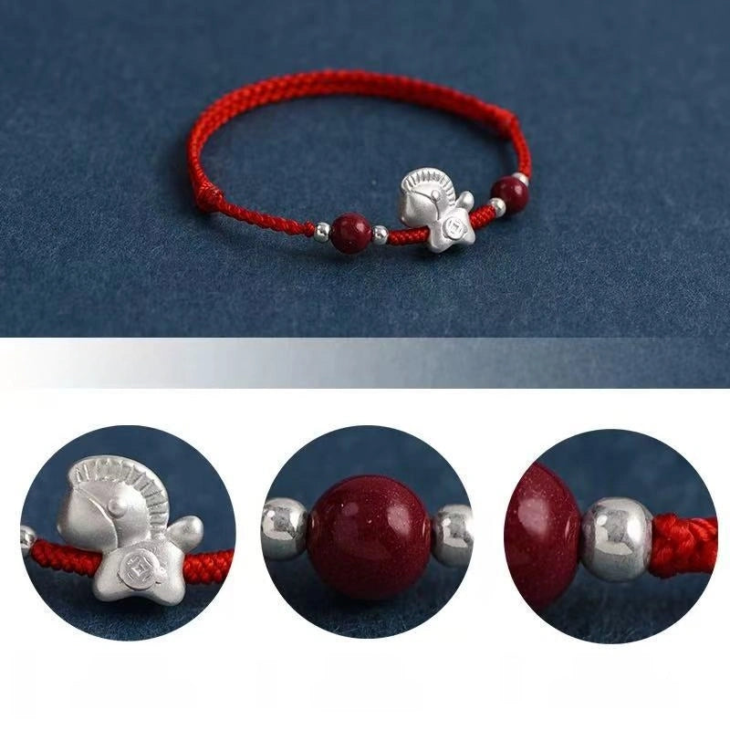 999 Silver Little Horse Cinnabar Bead Lucky Fortune String Bracelet / Anklet (3 Colors) - Metal Element, Prosperity & Good Luck