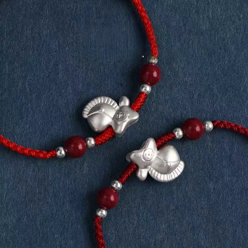 999 Silver Little Horse Cinnabar Bead Lucky Fortune String Bracelet / Anklet (3 Colors) - Metal Element, Prosperity & Good Luck