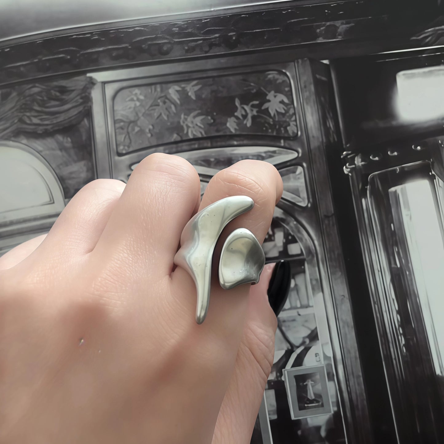 Abstract River Design Matte Silver Adjustable Ring